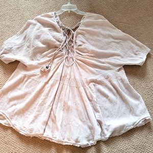 Free People Tan/Sand Gauze Boho Babydoll Mini Dress w/Corsett Rope Tie Size L